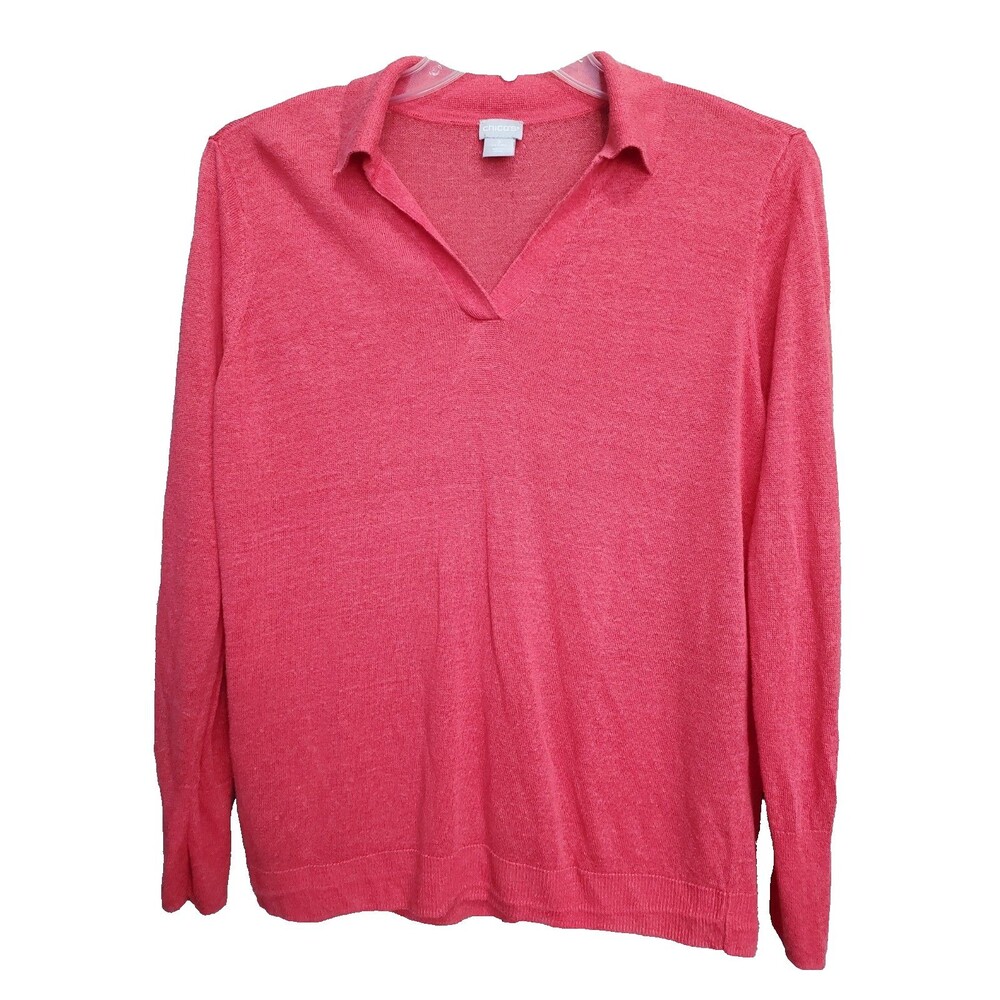 Chico's Beachy Linen Blend Coral Johnny Collar Lightweight Pullover Sweater 2 LG